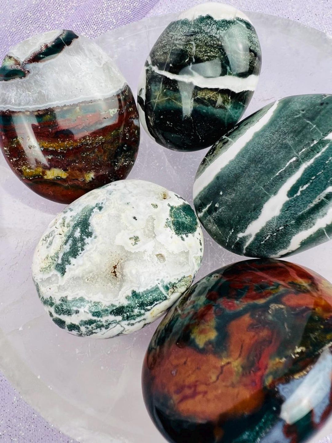 Green Zebra Jasper Palm Stone, Smooth Polished Healing Serpentine
