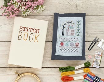 Kit de costura y bordado para principiantes. Libro de puntadas creativo con tijeras, agujas e hilo.