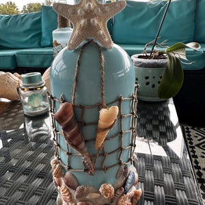 Coastal Beach Decor Bottle Seashell & Starfish Nautical Centerpiece  Handcrafted Ocean Theme Home Decoration