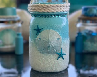 Beach Theme Hanging Mason Jar Decor: Starfish & Twinkle Lights
