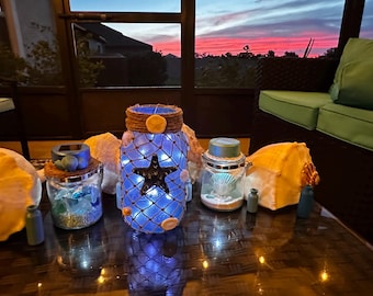 Beach Theme Mason Jar Decor: Aqua Sea Glass & Twinkle Lights