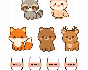 Conjunto de Clipart de Criaturas da Floresta Kawaii | Animais em PNG, SVG e EPS (Download Digital)