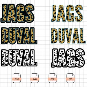 May include: Digital design with the words "JAGS" and "DUVAL" in a bold font. The "JAGS" text has a leopard print pattern, while "DUVAL" has a similar pattern. File type icons are also included in the image.