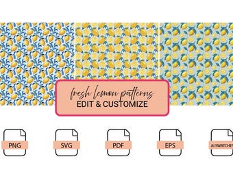 Conjunto de padrões de limões frescos sem emendas - Download digital - svg, png, pdf, eps, amostras de IA