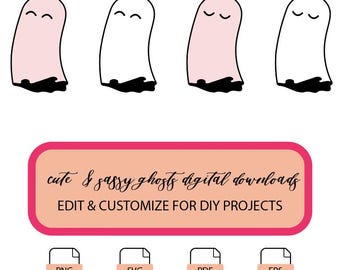 Clipart de Fantasminhas Fofos – Desenhos de Fantasminhas Atrevidos em Rosa e Branco (Download Digital)