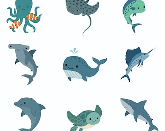 Pacote de clipart para berçário oceânico: criaturas marinhas, decoração para chá de bebê (download digital)