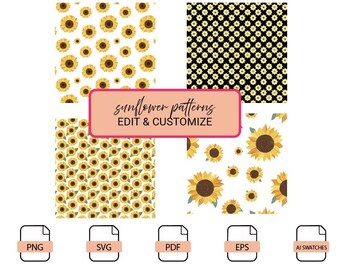 Conjunto de padrões de girassol sem emendas - Download digital - svg, png, pdf, eps, amostras de IA