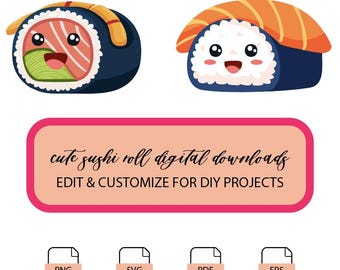 Pacote de Clipart de Rolinhos de Sushi Fofos – Desenhos Kawaii (Download Digital)