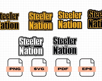 Könnte beinhalten: Ein digitaler Download von fünf verschiedenen Designs mit dem Text "Steeler Nation" in Schwarz und Gelb. Die Designs sind in den Formaten PNG, SVG, PDF und EPS verfügbar.
