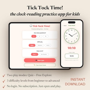 Learn to Tell Time Game for Kids | Analog Clock Quiz App | Kindergarten & Grade 1 Math Practice | 3 Difficulty Levels