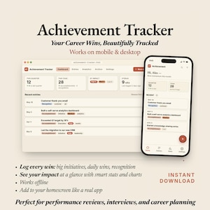 Könnte beinhalten: Digitale Oberfläche für einen Achievement Tracker, angezeigt auf einem Desktop und einem Smartphone. Die Oberfläche zeigt Karriereerfolge, Analysen und aktuelle Einträge. Der Text lautet "Achievement Tracker" und "Instant Download".