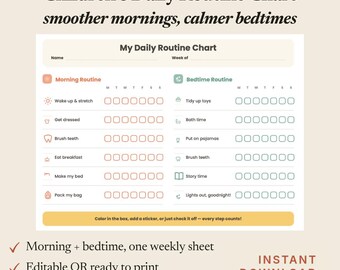 Daily Routine Chart for Kids and Toddlers, Editable + Printable Morning & Bedtime Chart, Instant Download
