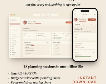 Digital Wedding Planner App – Beautiful All-In-One Tool for Guest List, Budget, Seating Chart, Honeymoon Planner & More | Instant Download