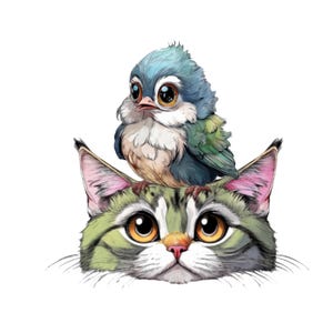 Puede incluir: Una ilustración caprichosa de un gato y un pájaro. La cara del gato es verde y blanca con grandes ojos naranjas y orejas rosas. Un pájaro azul y verde se posa sobre la cabeza del gato, con ojos grandes y expresivos. La imagen está sobre un fondo blanco.