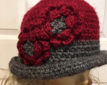 Crocheted Cloche Hat Grey and Wine......Embellished with Large Roses