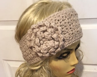 Taupe Ear Warmer Headband with Large Flower