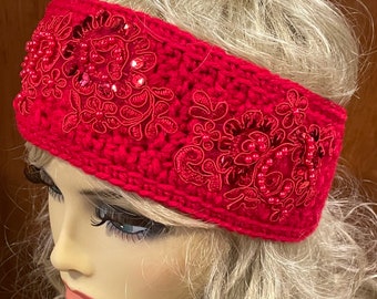 Red Crocheted Headband or Ear Warmer with A Red Appliqué and Pearls.