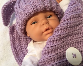 Baby Bunting and Bunny Ears Hat Set...Lavender Cocoon and Hat with Ears...