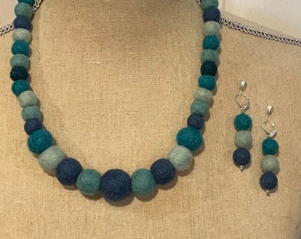 Felted Balls Necklace with Matching Earrings....Turquoise Bright and Beautiful
