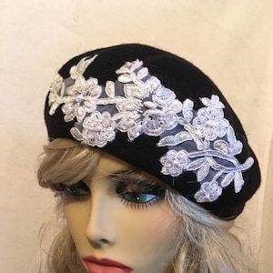 Black Beret with A White Applique....Pearl Accents