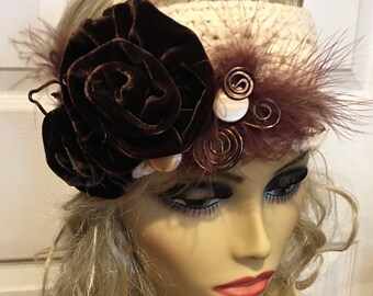 Ivory Crocheted Headband with Brown Velvet Flowers and Feathers