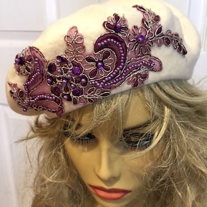 White Beret with A Purple Appliqué with Pearl Accents