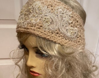Beige Crocheted Headband or Ear Warmer with An Ivory Appliqué and Pearls.