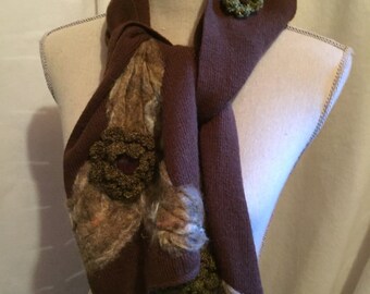A Brown Hooded Scarf with Crocheted Flowers and Needle Felted Leaves