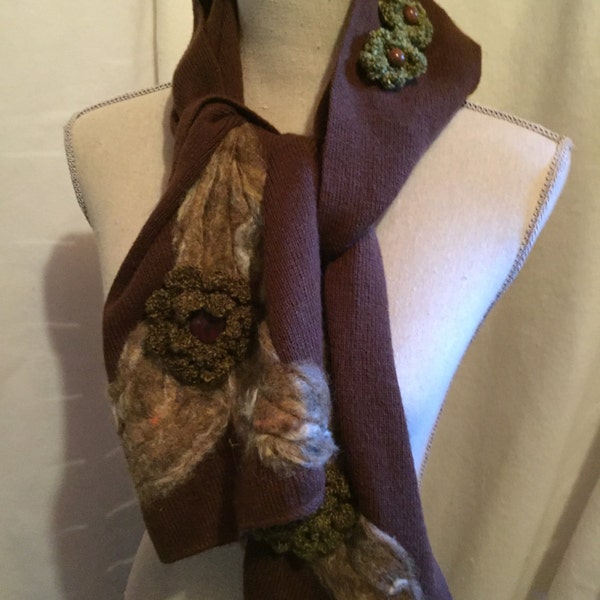 A Brown Hooded Scarf with Crocheted Flowers and Needle Felted Leaves