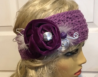 Lavender Crocheted Headband with Purple Velvet Flowers and Feathers