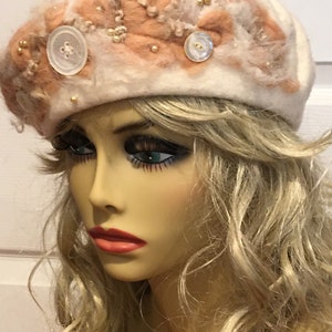 White Beret with Beige Needle Felted Leaves Vintage Buttons and Pearls