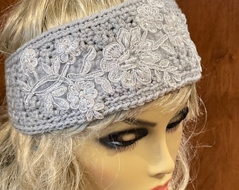 Grey Crocheted Headband or Ear Warmer with A White Appliqué and Pearls.