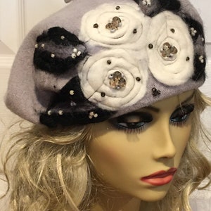 Grey Beret with White Needle Felted Flowers Black Leaves and Beads image 8