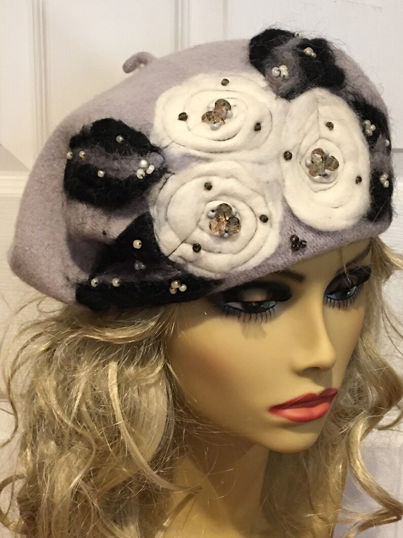 Grey Beret with White Needle Felted Flowers Black Leaves and Beads image 8