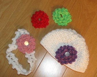 Baby Crocheted Hat and Headband Set with A Flower...... Removable and Interchangeable