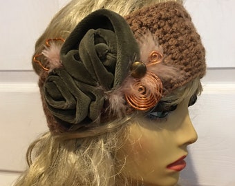 Coffee Brown Crocheted Headband with Green Velvet Flowers and Feathers