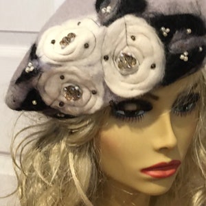 Grey Beret with White Needle Felted Flowers Black Leaves and Beads image 7