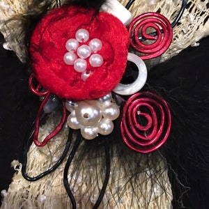 Whimsical Scarf Holder and Pin...Red Black and White...Feathers Flowers and Fun