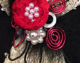 Whimsical Scarf Holder and Pin...Red Black and White...Feathers Flowers and Fun