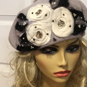 Grey Beret with White Needle Felted Flowers Black Leaves and Beads image 1