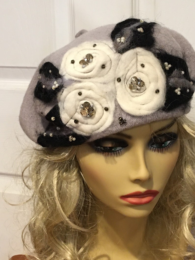 Grey Beret with White Needle Felted Flowers Black Leaves and Beads image 1