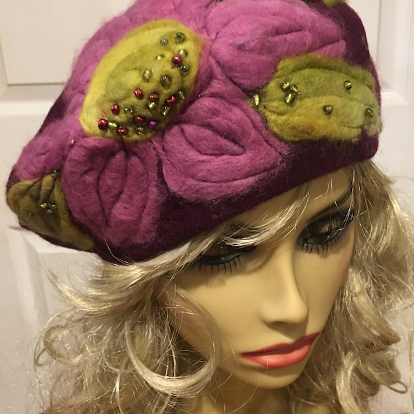 Purple Beret with Needle a Needle Felted Flower and Beads