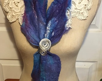 Lace Trimmed Nuno Felted Scarf with Scarf Holder....Blue and Purple