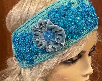 Aqua Crocheted Headband or Ear Warmer with A Turquoise Appliqué Velvet Flower and Pearls.
