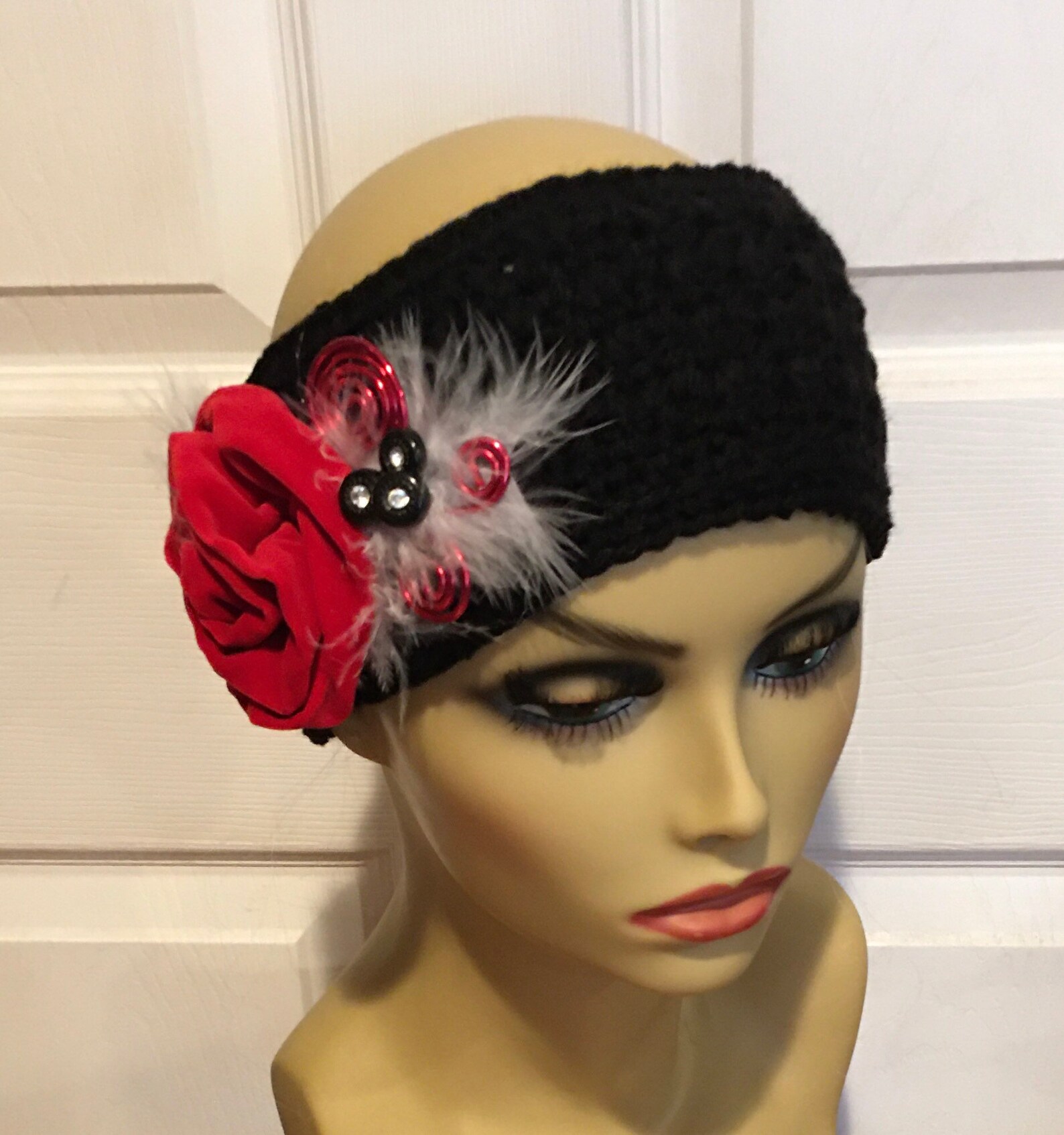 Black Crocheted Headband With Red Velvet Flowers and Feathers Etsy