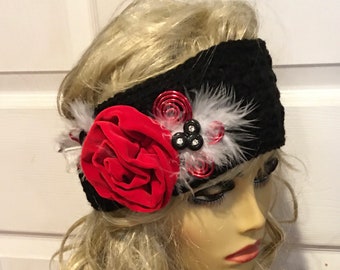 Black Crocheted Headband with Red Velvet Flowers and Feathers