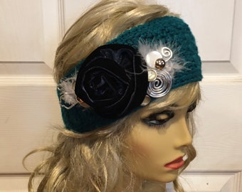 Teal Crocheted Headband with Navy Blue Velvet Flowers and Feathers