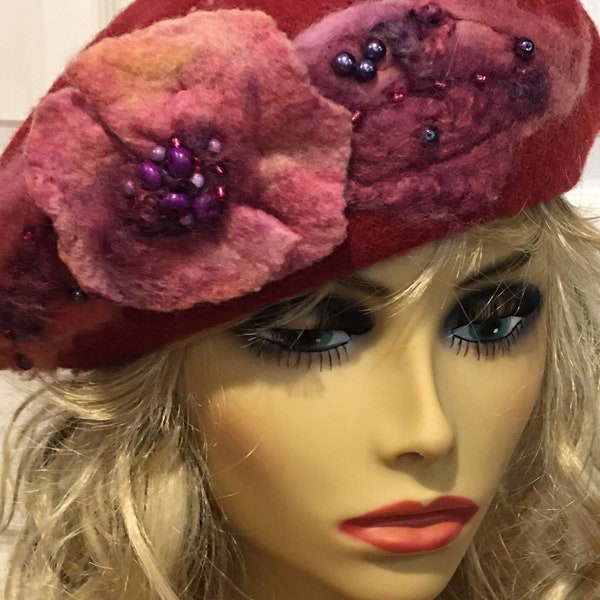 Wine Beret with A Dimensional Nuno Felted Flower and Leaves
