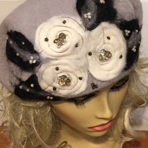 Grey Beret with White Needle Felted Flowers Black Leaves and Beads image 4