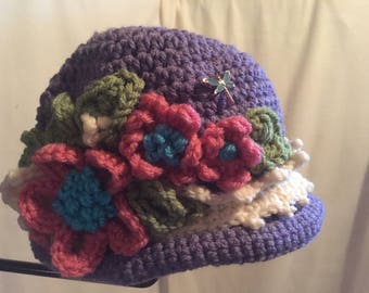 Flowered Hat for a Little Girl... Pretty and Old Fashion.....Pink and Purple Crocheted Delight...A Dragonfly Too